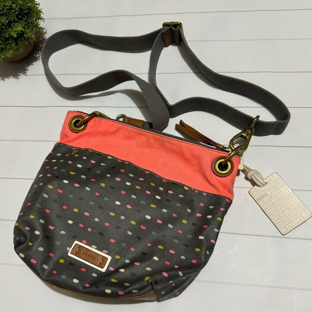 Fossil Peach Coral Gray Polka Dot Canvas Crossbody Shoulder Bag Purse